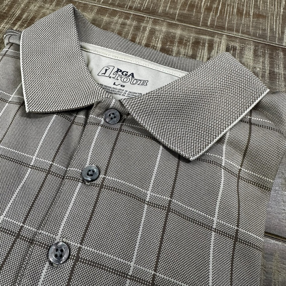 PGA Tour Men's Polo Size Large Tan Beige Check Short Sleeve Golf‎ Shirt